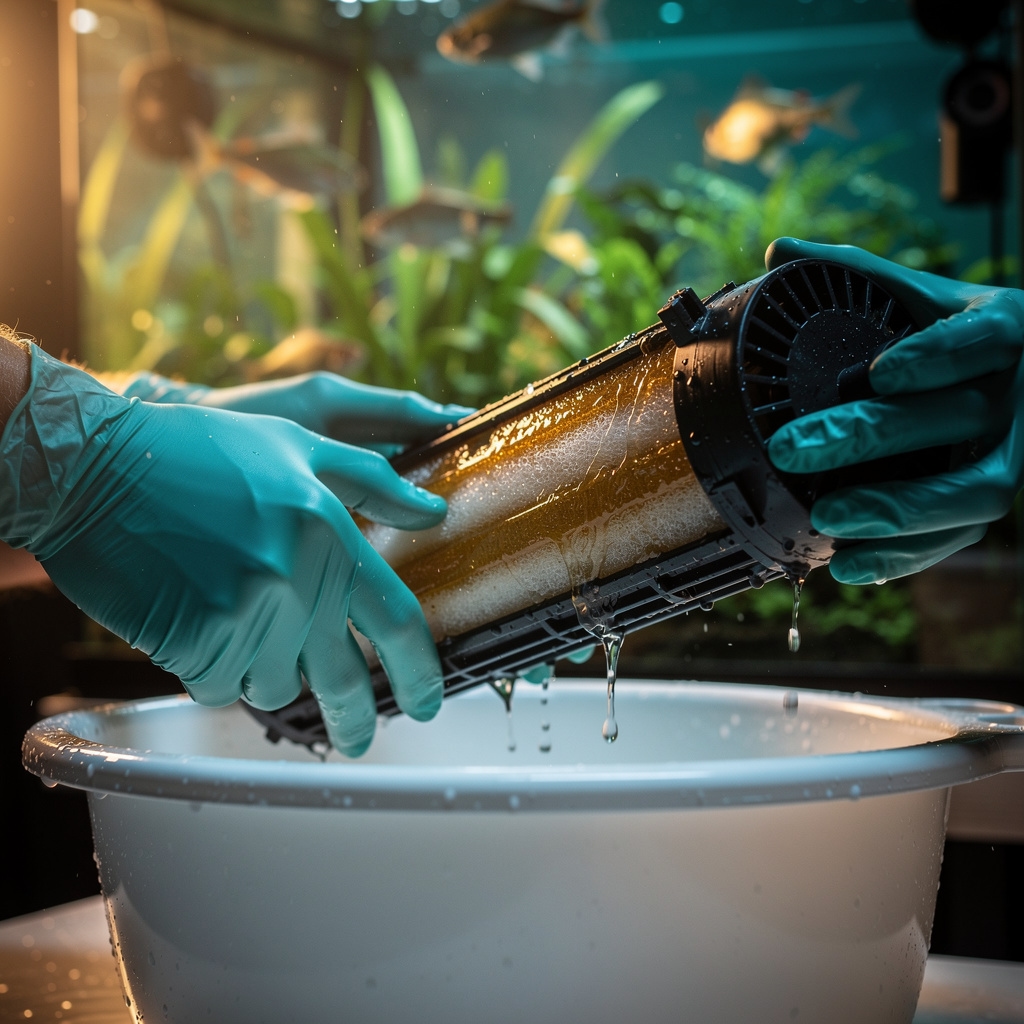 Filterreinigung an einem Süßwasseraquarium